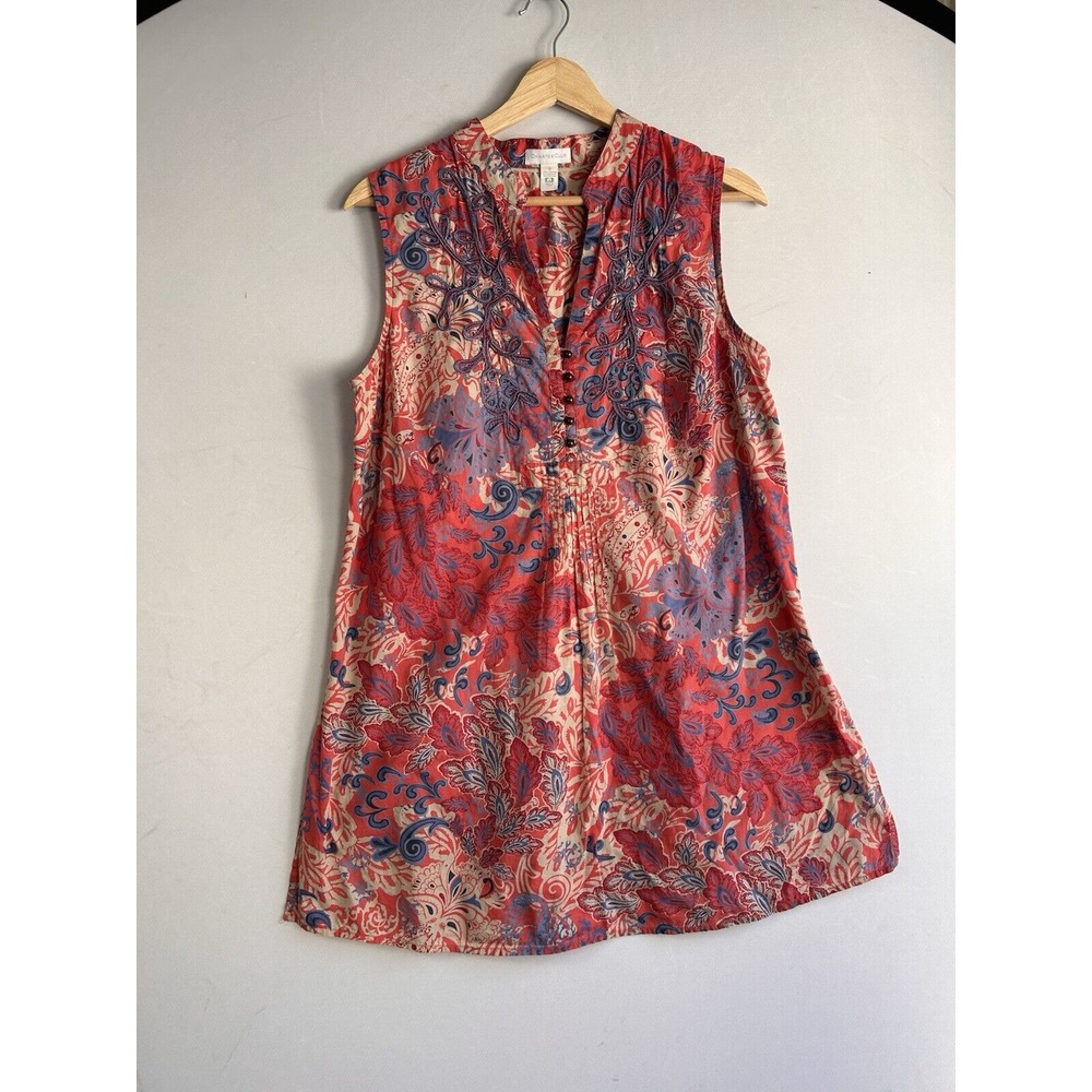 Charter Club Womans Sleeveless Tunic Soutache Braid Size 12 Light Cotton Red